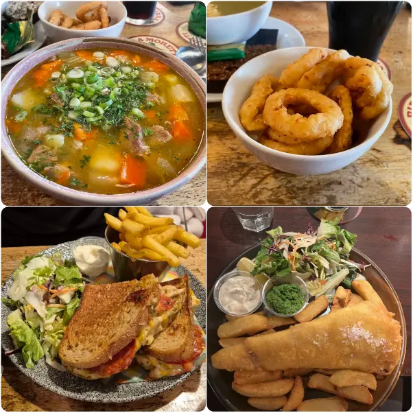A compilation of images of signature Beef stew, brown bread, fish and chips as pub food of The Celt in Dublin. 