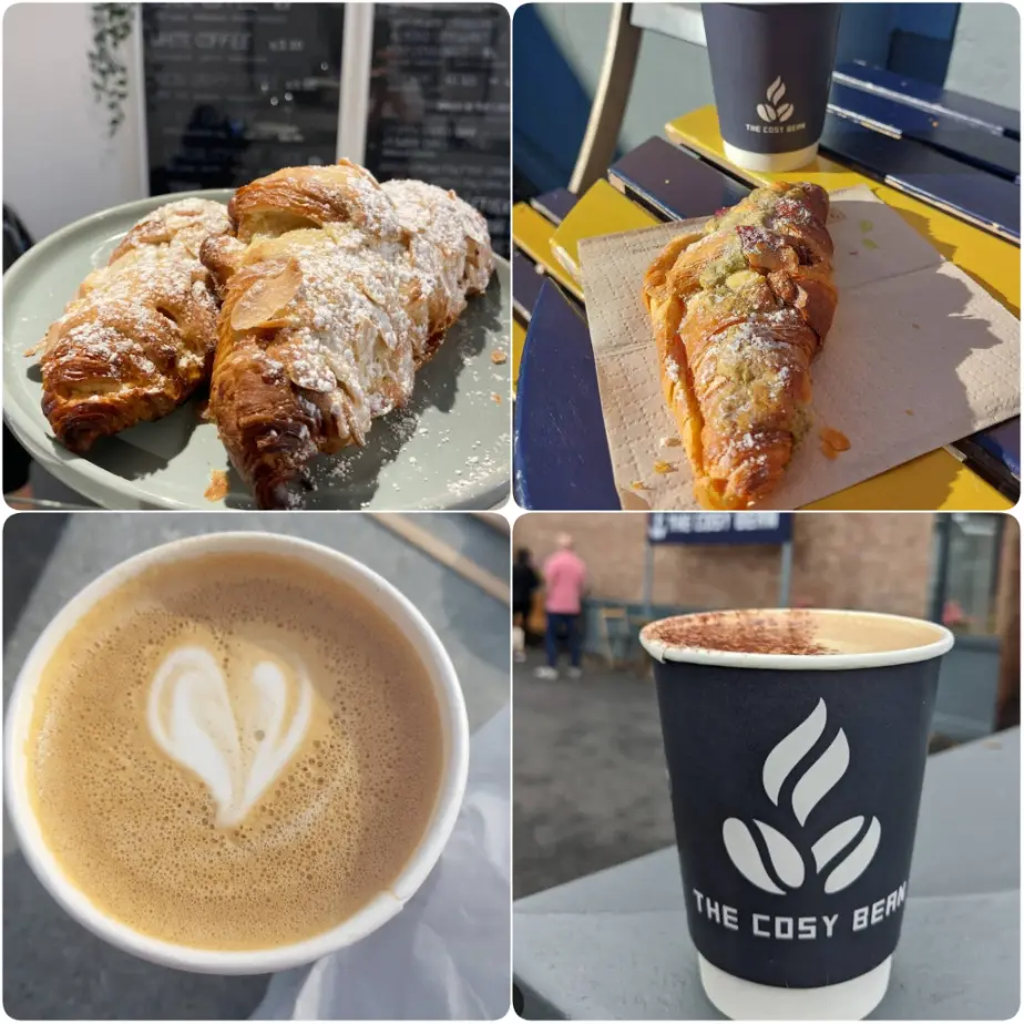 A compilation of images of creamy headed coffee, Hot chocolate and buttery and flaky croissants of The Cosy Bean in Dublin.
