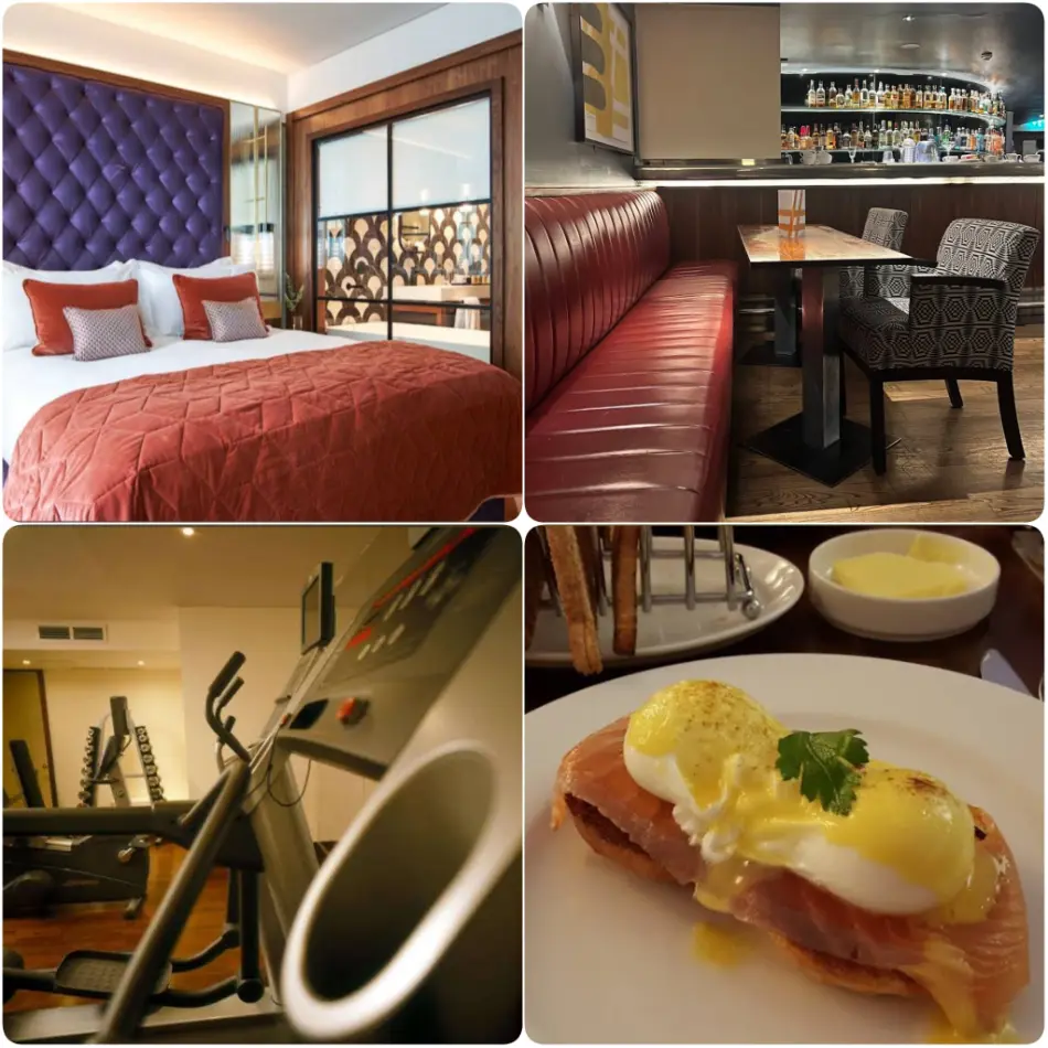 An assorted photo of gym, bed room, food and bar of The Fitzwilliam Hotel, Dublin.