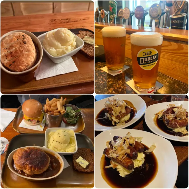 A compilation of images representing pie, mashed potato and drinks of The Ginger Man in Dublin. 