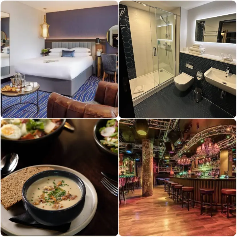 A series of images of bedroom, bar, spotless bathroom and delicious food items of The Grafton Hotel.