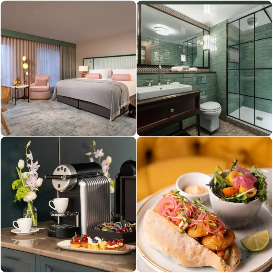 A series of photo showing comfy bed, food and coffee of The Green Hotel.