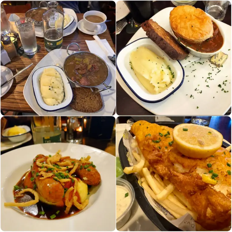 A collage image pointing out beef broth, pie and mashed potatoes of The Hairy Lemon in Dublin. 
