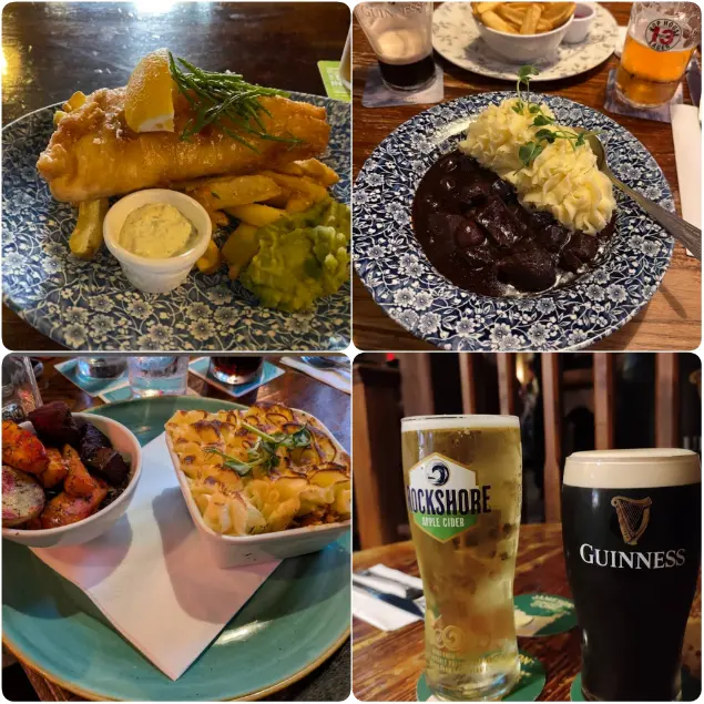 A photo collage of shepherd's pie, beef broth and perfect Guinness of The Old Storehouse Bar and Restaurant. 