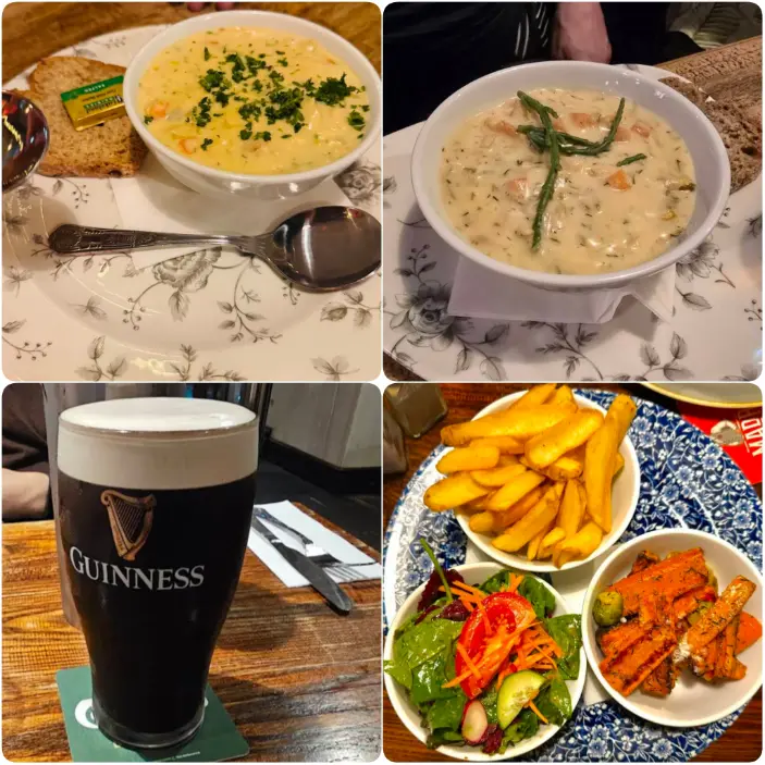 An assorted image of Seafood chowder, crispy and flaky Irish fish and chips and Guinness of  The Old Storehouse Pub, Dublin.
