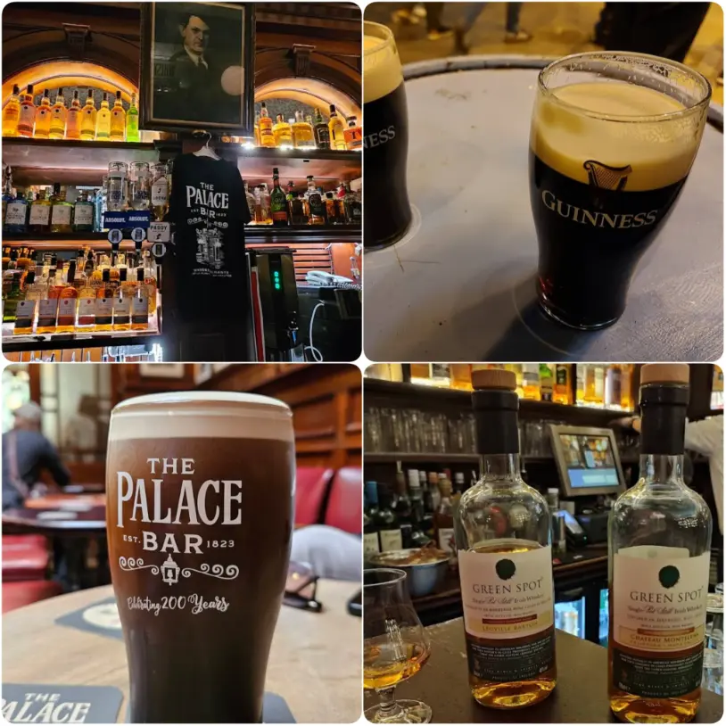 A collage image depicting in-house brew and Guinness of The Palace Bar Pub in Dublin. 