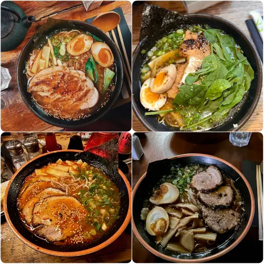 A photo mosaic of Tonkotsu original Ramen, spicy salmon miso of The Ramen Bar.