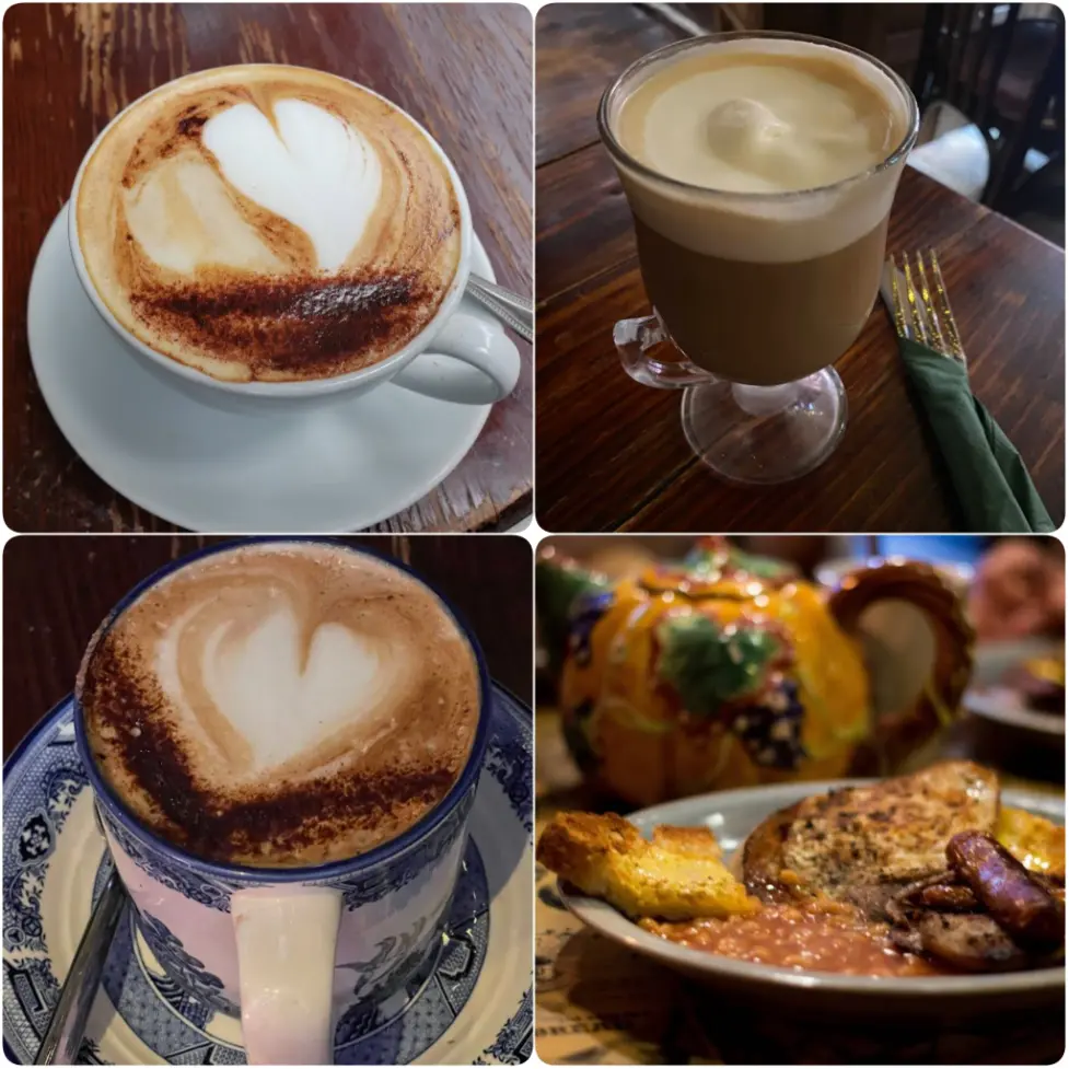 A series of photos depicting Irish Coffee and Authentic Irish Breakfast of The Stage Door Café in Dublin.