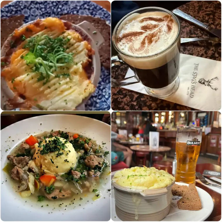A collage image of perfectly loaded cheesy and minced beef pie paired with Guinness of The Stag’s Head.
