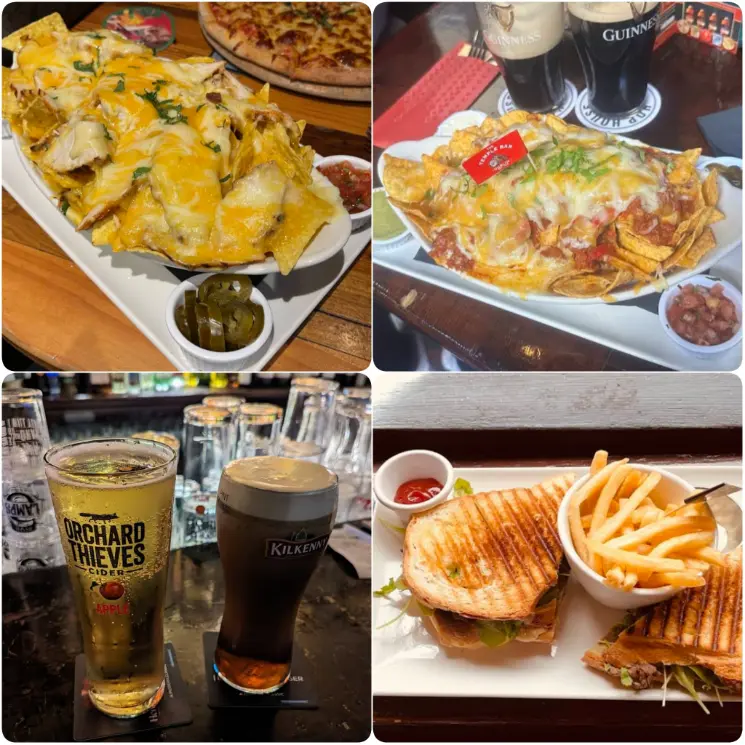 A series of photos showing Fish and chips and Guinness of  The Temple Bar Pub. 