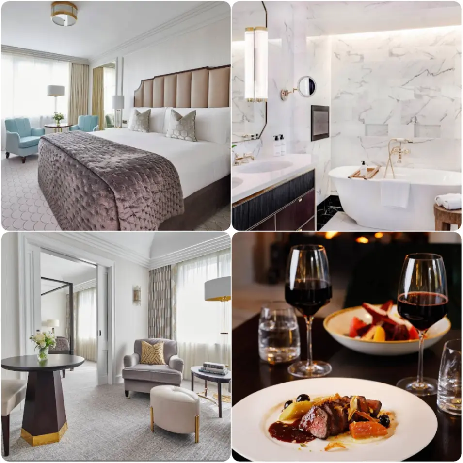 An assorted image of cosy and elegant bedrooms, living room and dining of The Westbury Hotel in Dublin.