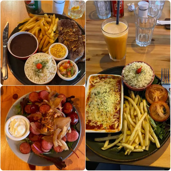 An arrangement of images depicting affordable tender picanha steak, chicken and golden fried cassava of Tucano Restaurant in Dublin. 