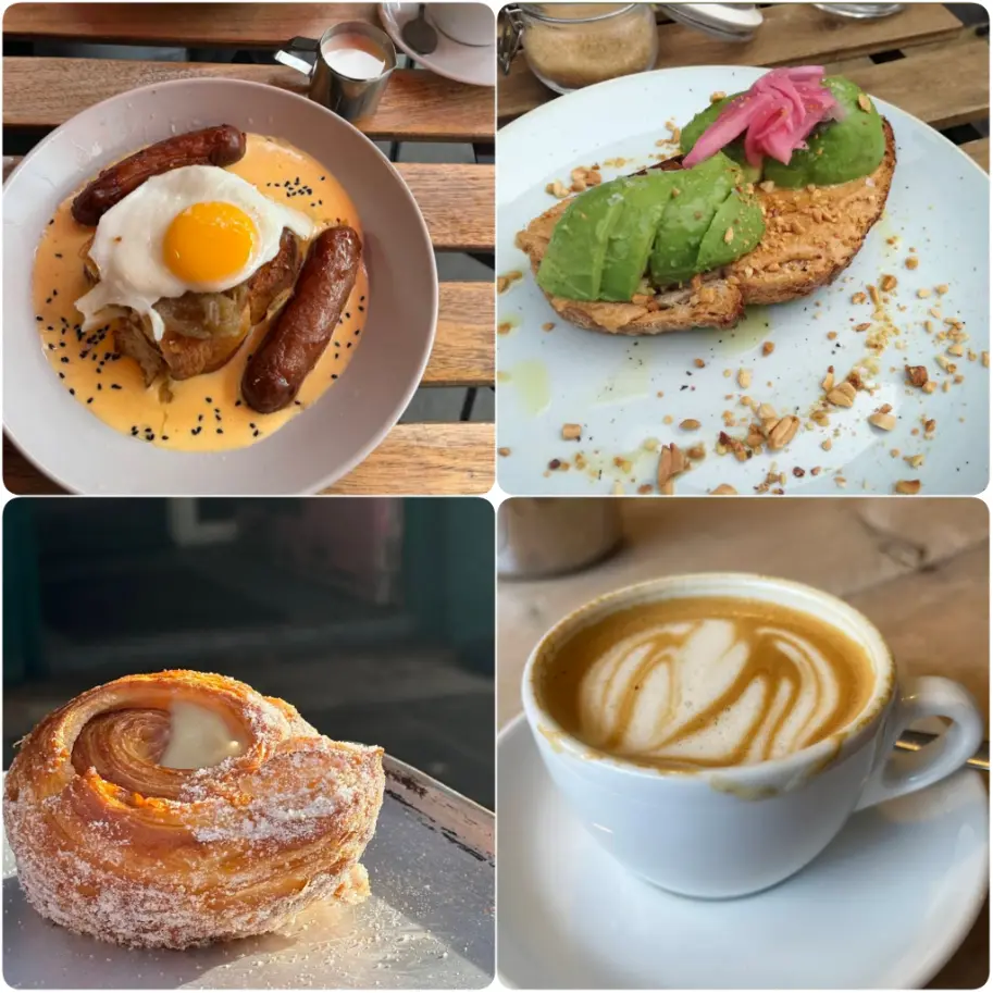 Showing Two Pups Croque Madame French toast, coffee and avocado toast, as best spot of brunch in Dublin.