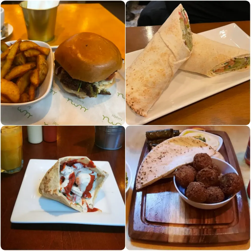 A collection of photos showing budget friendly falafel sandwiches, burger and breads of Umi Falafel in Dublin. 