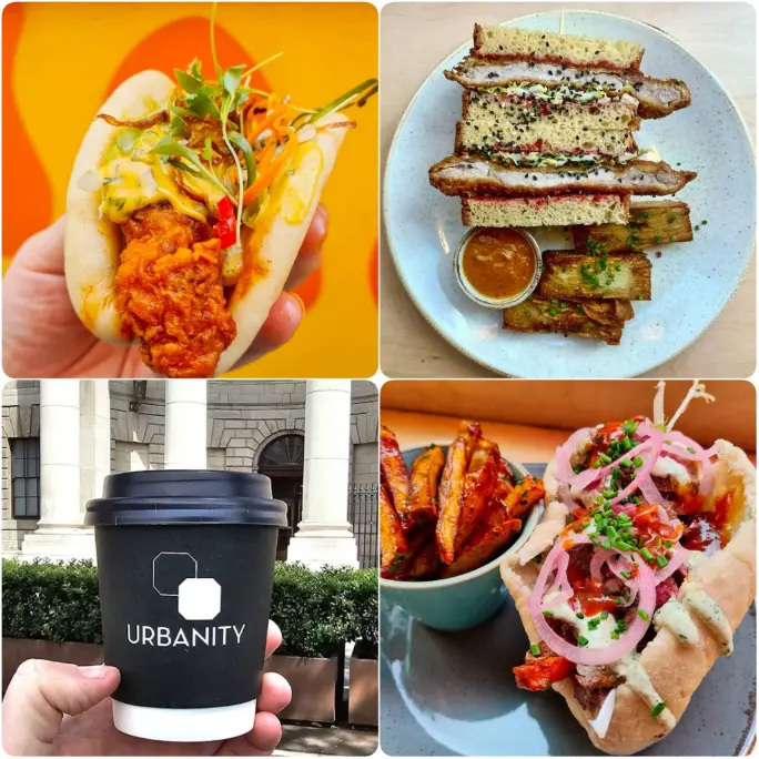 A mosaic image of sandwiches and coffee as best Brunch Item of Urbanity in Dublin.