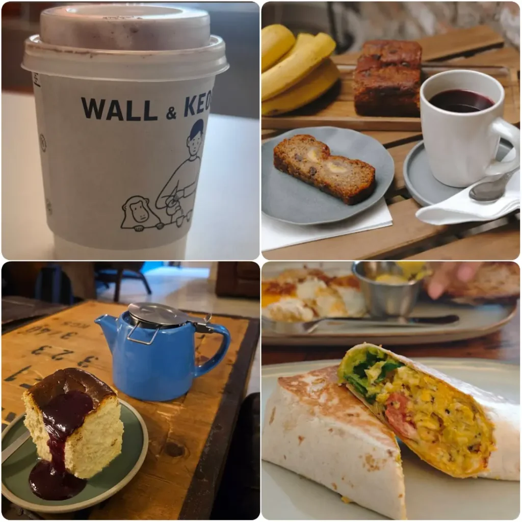 A collage snap of Americano coffee, Chai latte and sandwiches of Wall & Keogh Superior Teas.