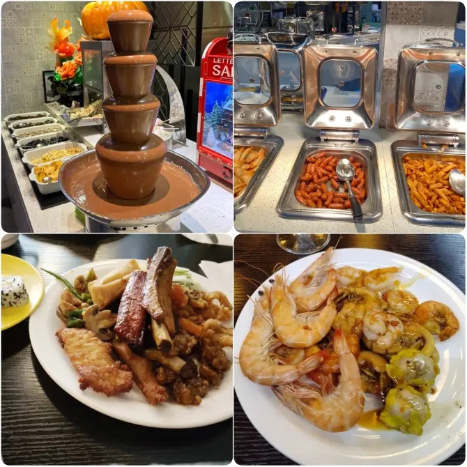 A series of Images showing buffet dishes, chocolate fountain, prawn and steaks Wing's World Cuisine in Dublin. 