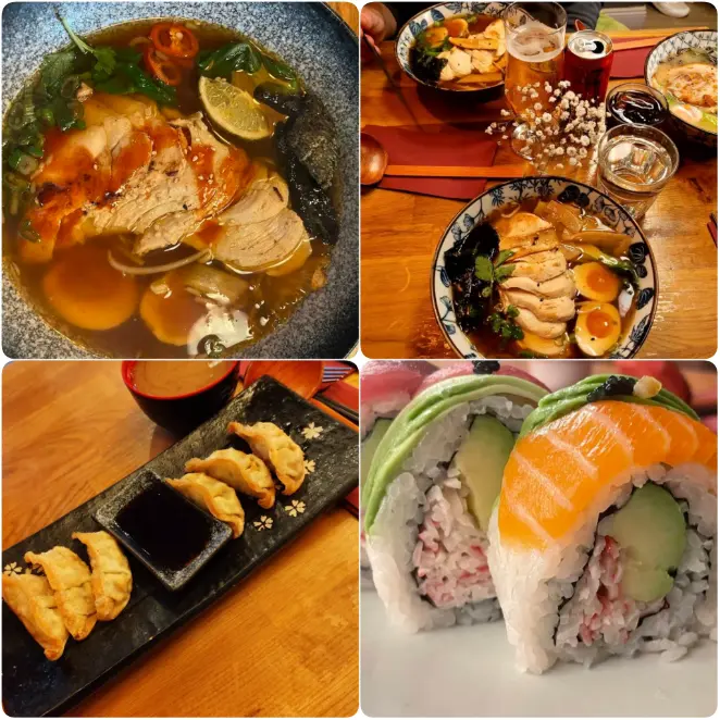 A series of images showing Tonkotsu Darkness, salmon sushi and Vaggie gyoza of YOI Ramen in Dublin.
