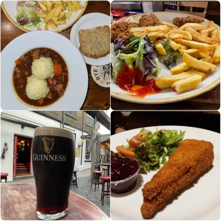 Irish Guinness, fish and chips and other authentic food of The Brazen Head in Dublin.