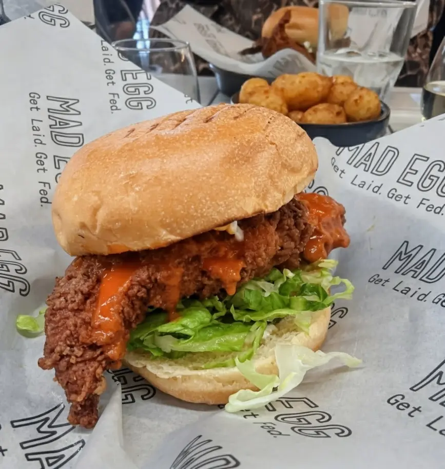 chicken patty burger in a Mad Egg Dublin
