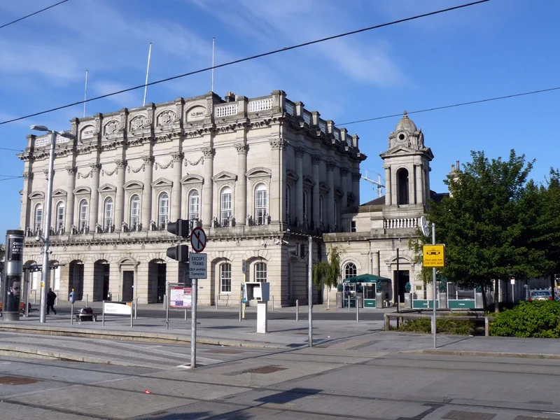 Heuston Station Dublin with historic Victorian facade and modern Luas connection in central Dublin