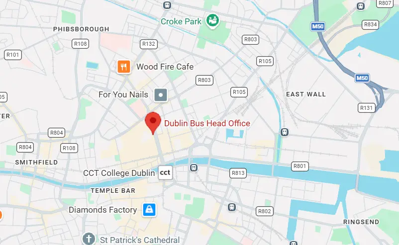 Map showing the location of the Dublin Bus Head Office at 59 Upper O'Connell Street in Dublin City Centre